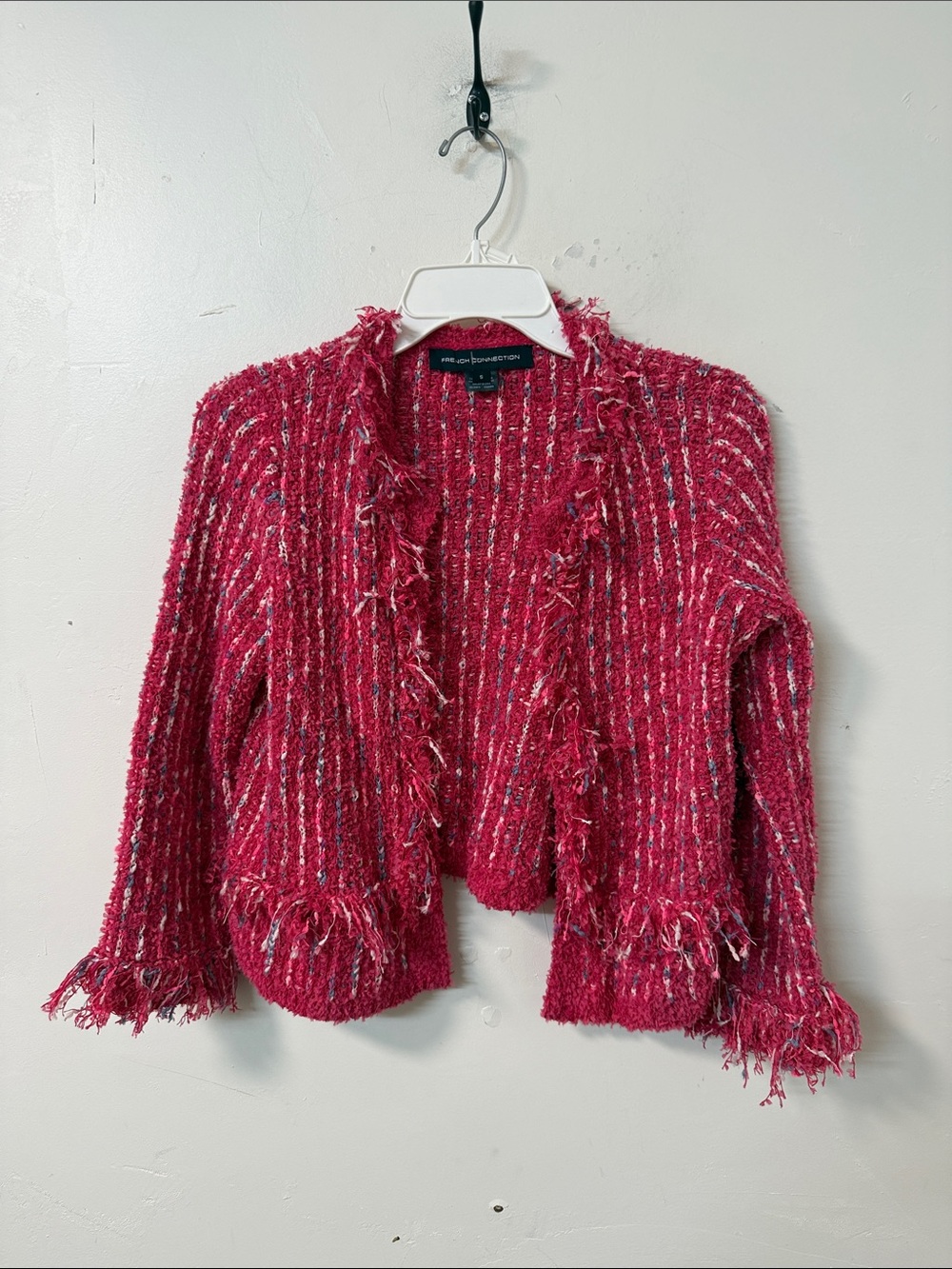 French Connection Pink-Red Tweed Fringe Open Jacket